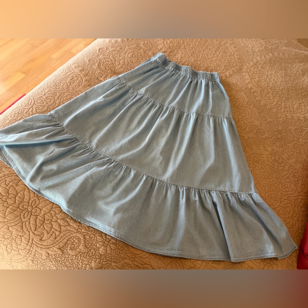 Tronjori Light Blue Chambray Denim Tiered Ankle Maxi Western Prairie Skirt, M - Picture 6 of 13